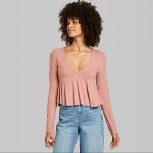 Wild Fable Pink Ribbed Crop Top Peplum Blouse